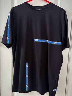 Fendi Black Short Sleeve Cotton Tee with Blue Logo Stripes Crew Neck Men T-Shirt